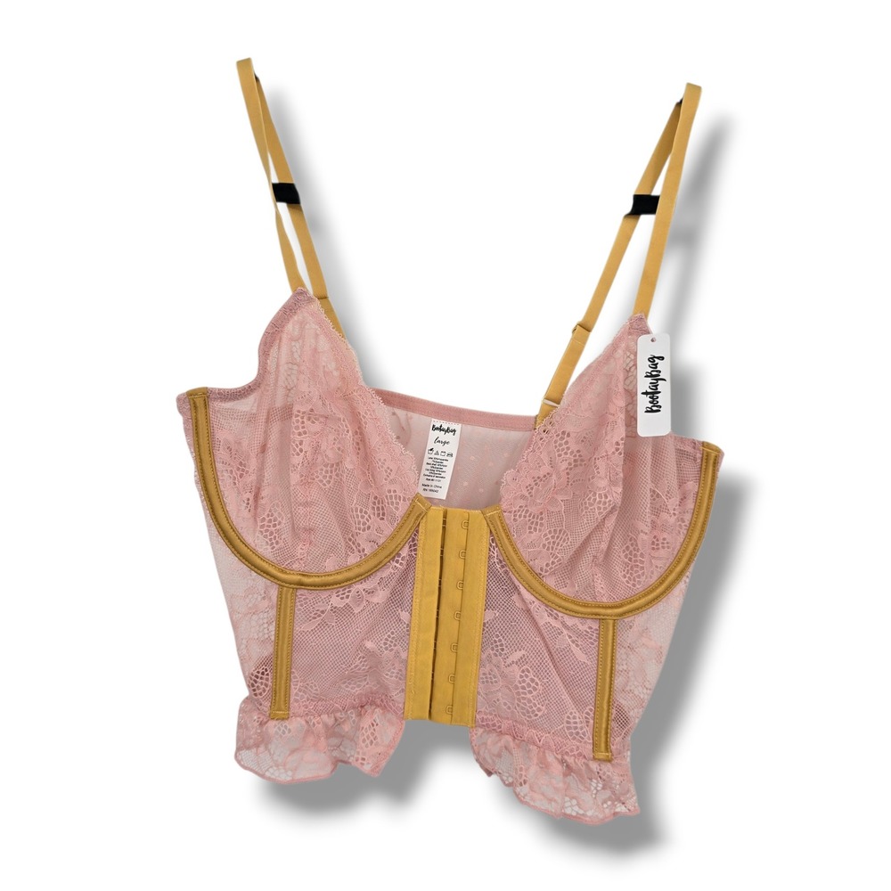 NEW BootayBag Pink Gold Lace Corset Bralette Top Hook Eye Ruffle Size XL